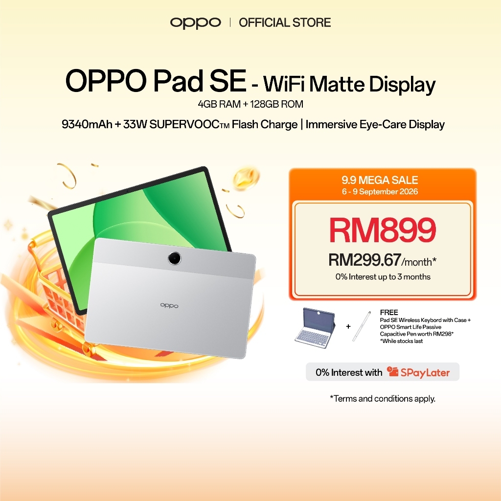 OPPO Pad SE Tablet | LTE / WiFi Matte Display | 4GB + 128GB | 9340mAh | 33W SUPERVOOC | Immersive Eye-Care Display