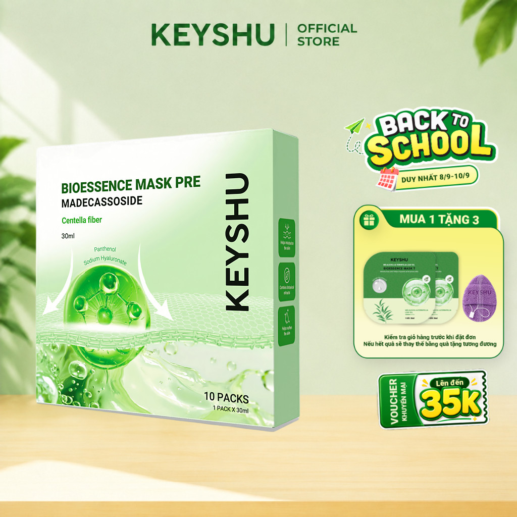 1 Hộp Mặt Nạ Rau Má Bioessence Mask Premium KEYSHU Dưỡng Ẩm, Làm Mềm Da, Làm Dịu Da 10 Miếng 30ML