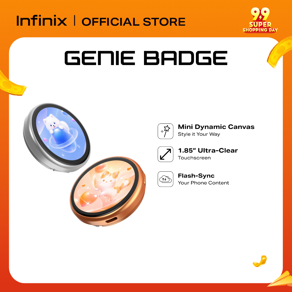 [PRE ORDER] Infinix Genie Badge XGB01 1.85" Round Screen Bluetooth Smart E-Badge – GIF/Video Display, Remote Shutter | Shopee Malaysia