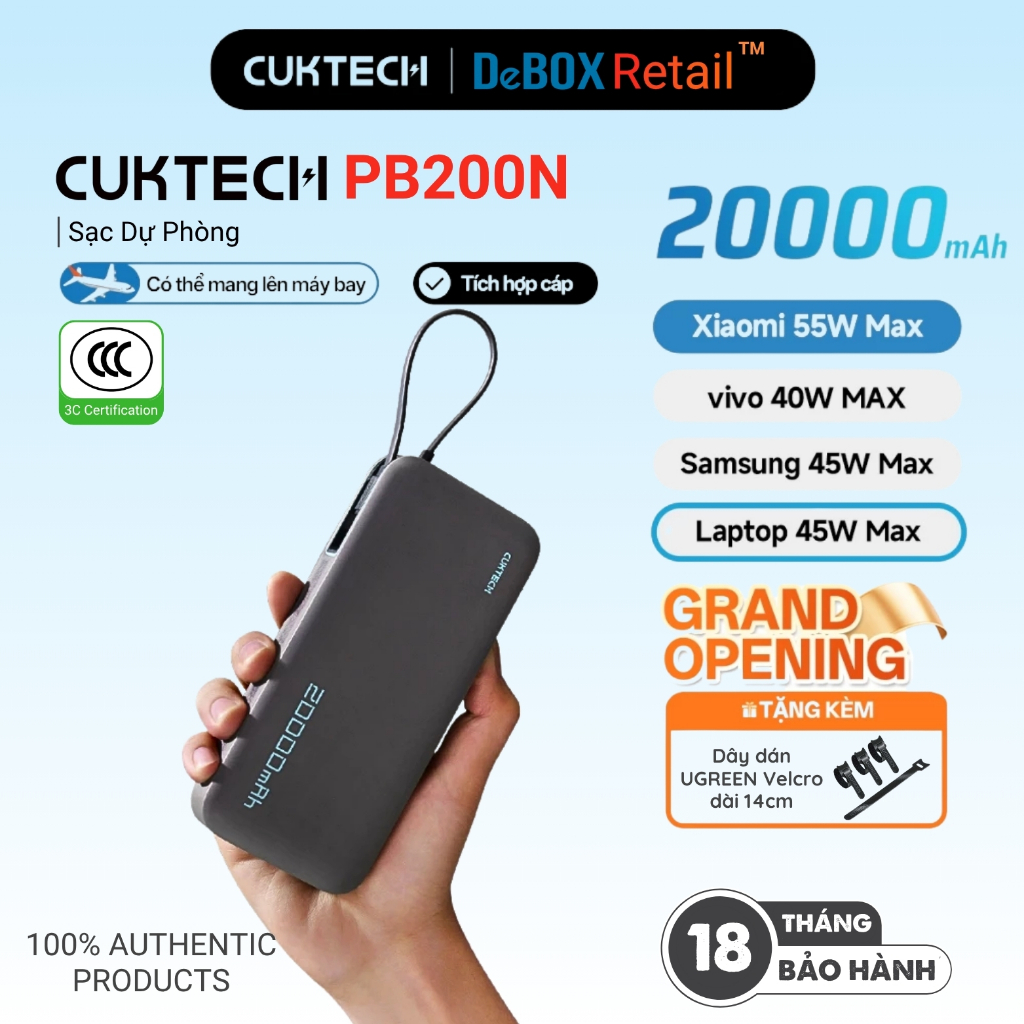 Sạc Dự Phòng CUKTECH Sạc Nhanh 55W 20000mAh, Tích Hợp Cáp, Hỗ Trợ Xiaomi 55W Samsung 45W iP16/15 - BH 18 Tháng PB200N | Shopee Việt Nam