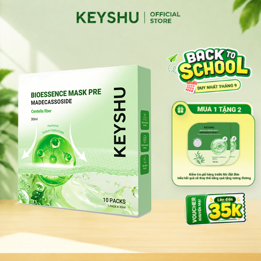 1 Hộp Mặt Nạ Rau Má Bioessence Mask Premium KEYSHU Dưỡng Ẩm, Làm Mềm Da, Làm Dịu Da 10 Miếng 30ML