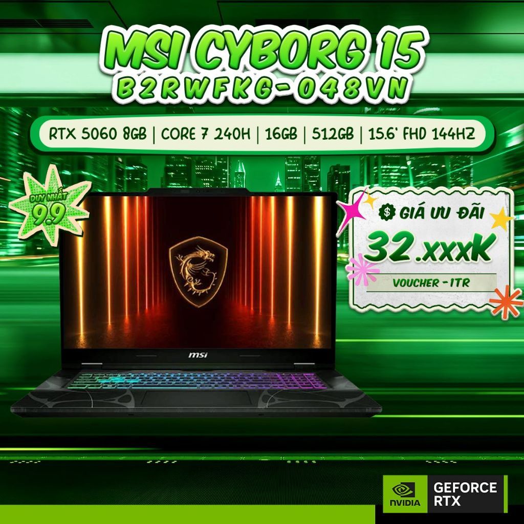 Laptop MSI Cyborg 15 B2RWFKG-048VN GeForce RTX™ 5060 8GB / Chip Core 7 240H / 16GB / 512GB | Shopee Việt Nam