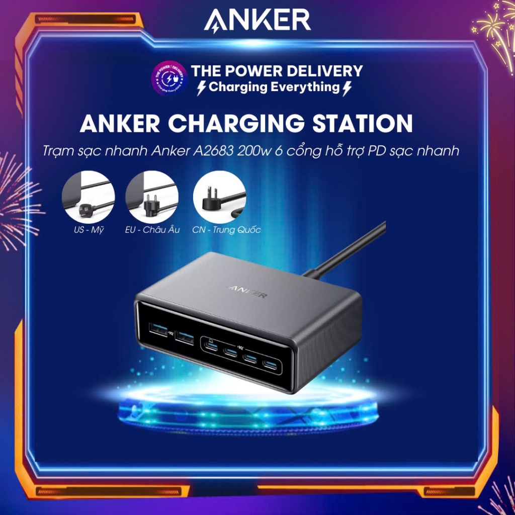 Trạm sạc nhanh Anker Prime 200w GaN 6 cổng mã A2683 hỗ trợ PD sạc nhanh 100W tối đa, dòng sạc tối ưu, phiên bản 2024 | Shopee Việt Nam