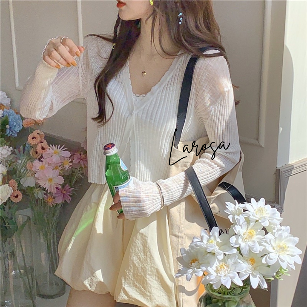 Áo khoác len mỏng , áo khoác len cardigan dáng ngắn 1 cúc cổ V màu đen màu trắng vải len QCCC siêu mịn không xù Larosa | Shopee Việt Nam