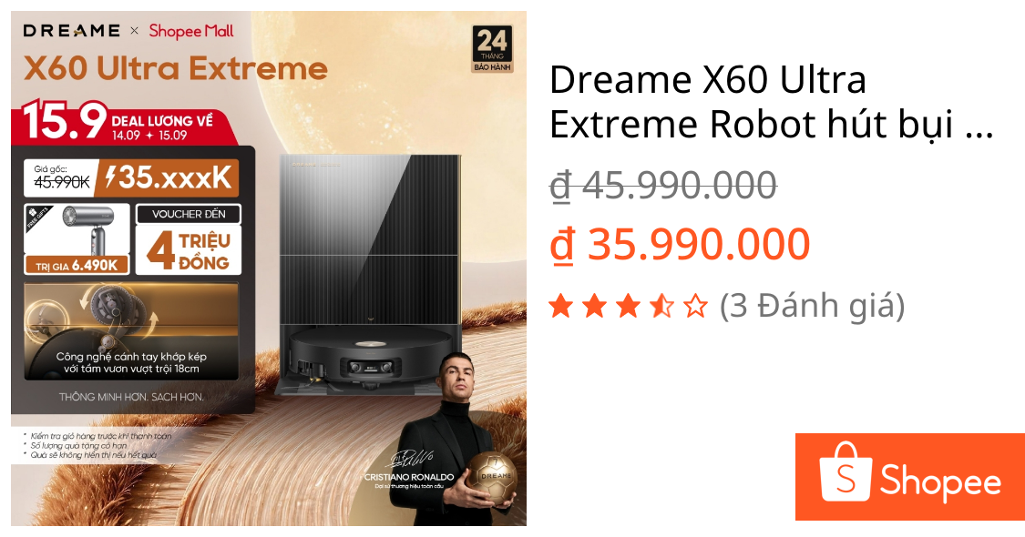 Dreame X60 Ultra Extreme Robot hút bụi thông minh camera AI kép | lực hút 42.000 Pa | Giẻ lau mở rộng 18cm | BH 24 tháng | Shopee Việt Nam