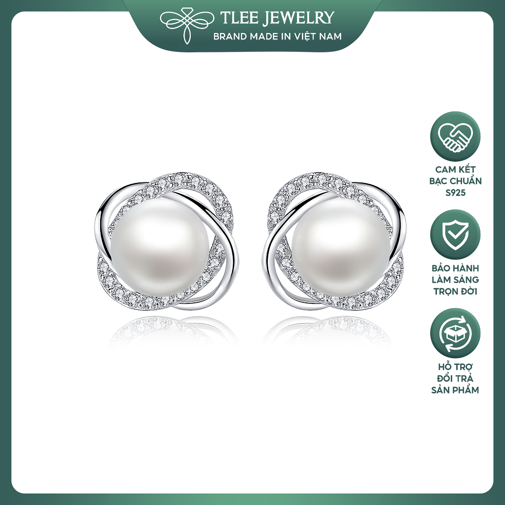 Khuyên tai bạc nữ TLEE hoa xoắn đính trai nước ngọt tự nhiên nữ tính TLEE JEWELRY B0154