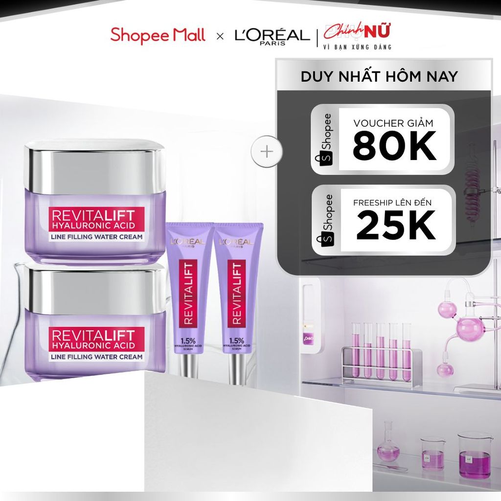 Bộ 2 Kem dưỡng 50ml & 2 serum 7.5ml cấp ẩm căng mướt da L'Oreal Paris Revitalift Hyaluronic Acid