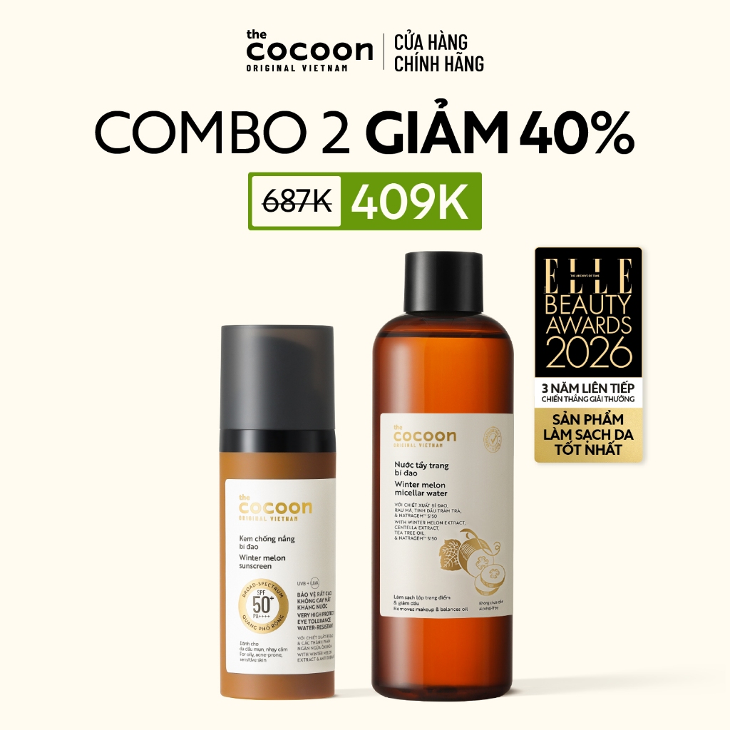 [MUA 2 GIẢM 41%] Combo Kem chống nắng bí đao Cocoon 50ml + nước tẩy trang bí đao 500ml