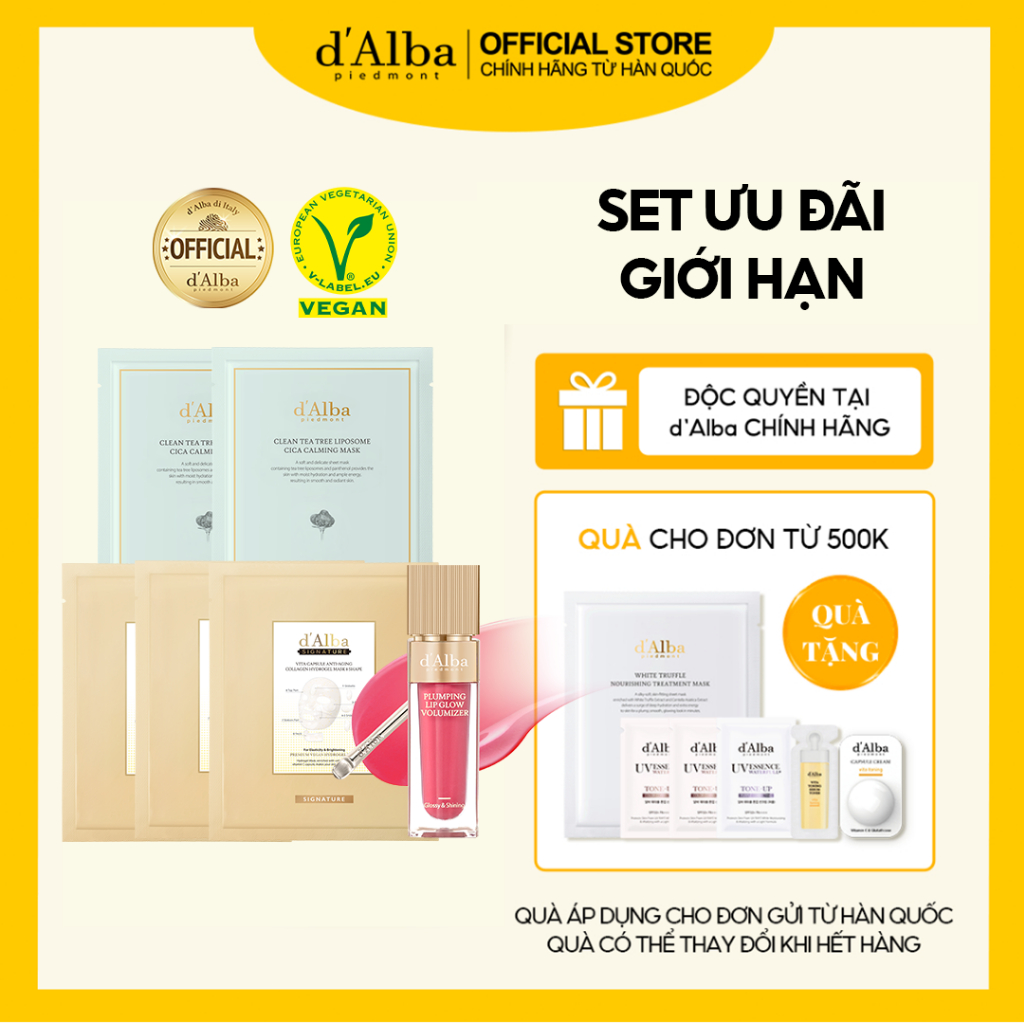 [d'Alba Official] Set ưu đãi giới hạn gồm 1 son làm đầy môi bản Nhật  3 mặt nạ thạch cao cấp 2 mặt nạ cica làm dịu da