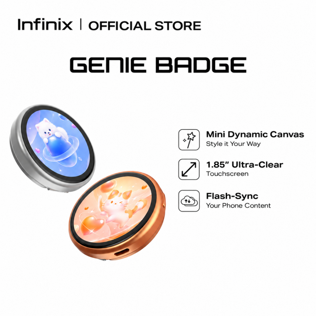 Infinix Genie Badge XGB01 1.85" Round Screen Bluetooth Smart E-Badge – GIF/Video Display, Remote Shutter | Shopee Malaysia