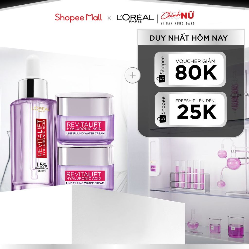 Bộ Serum 30ml và 2 kem dưỡng siêu cấp ẩm và giảm nếp nhăn 15ml x2 L'Oreal Paris Revitalift HA 1.5%