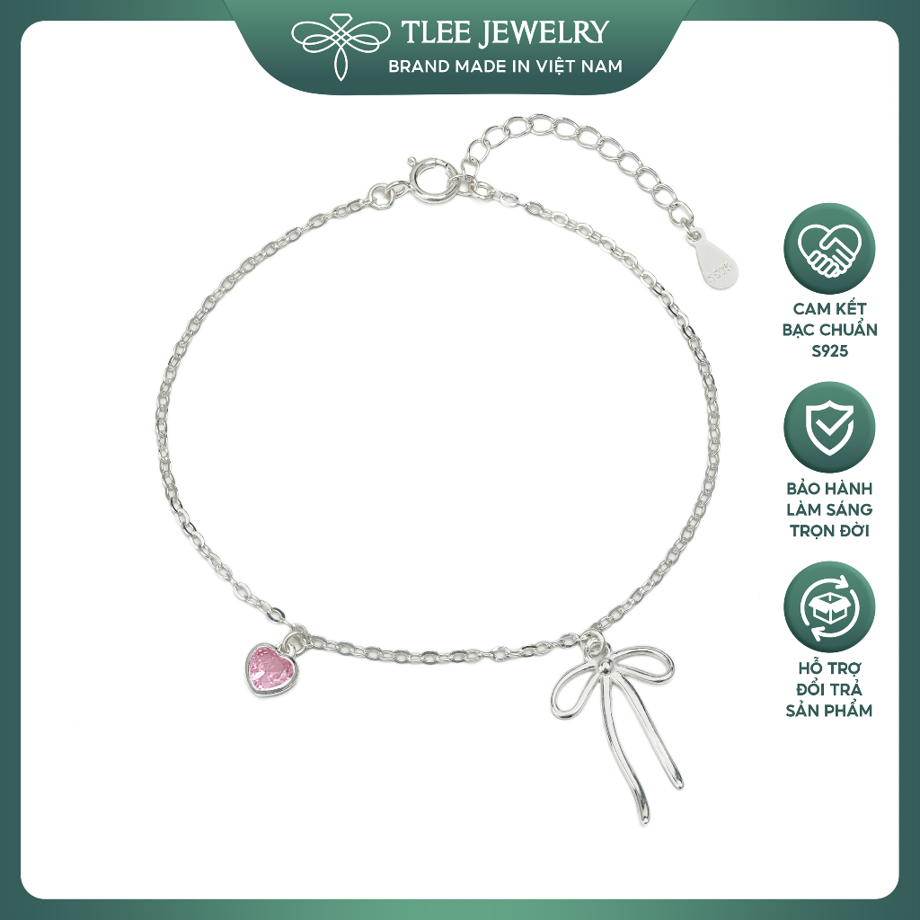 Lắc tay bạc nữ TLEE treo Charm nơ thắt và trái tim đá hồng xinh xắn, nữ tính TLEE JEWELRY LT0482