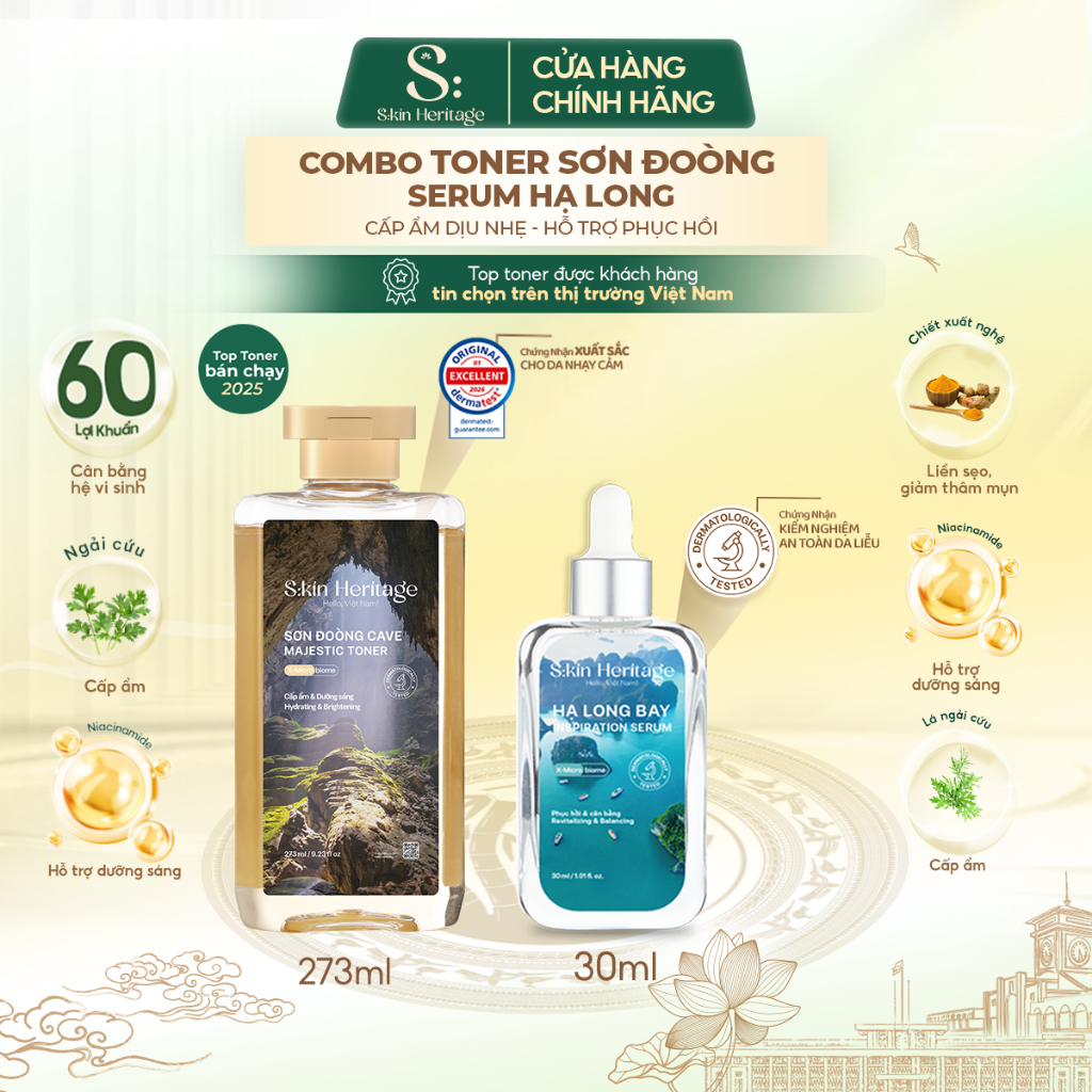 Bộ Sản Phẩm SKIN HERITAGE Hỗ Trợ Cấp Ẩm, Phục Hồi & Dưỡng Sáng Da Serum Hạ Long 30ml và Toner Sơn Đoòng 273ml