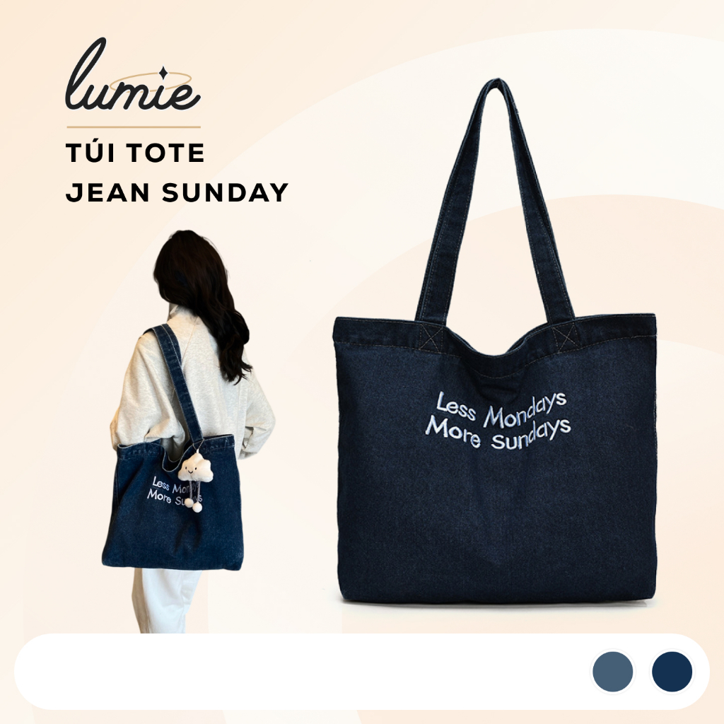 Túi Tote Sunday Thêu Chữ Nổi Vải Jean Denim Dày Dặn Có Khóa Kéo Phù Hợp Đi Học Đi Chơi Đi Làm - T_Sunday
