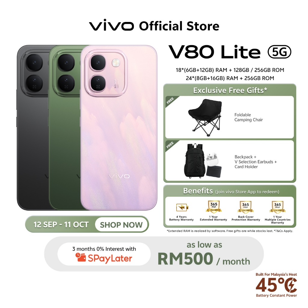 vivo V80 Lite 5G 24*(8+16)GB + 256GB 10,000mAh SGS 5-Star Drop Resistance IP68 & IP69 Water Resistance | Shopee Malaysia