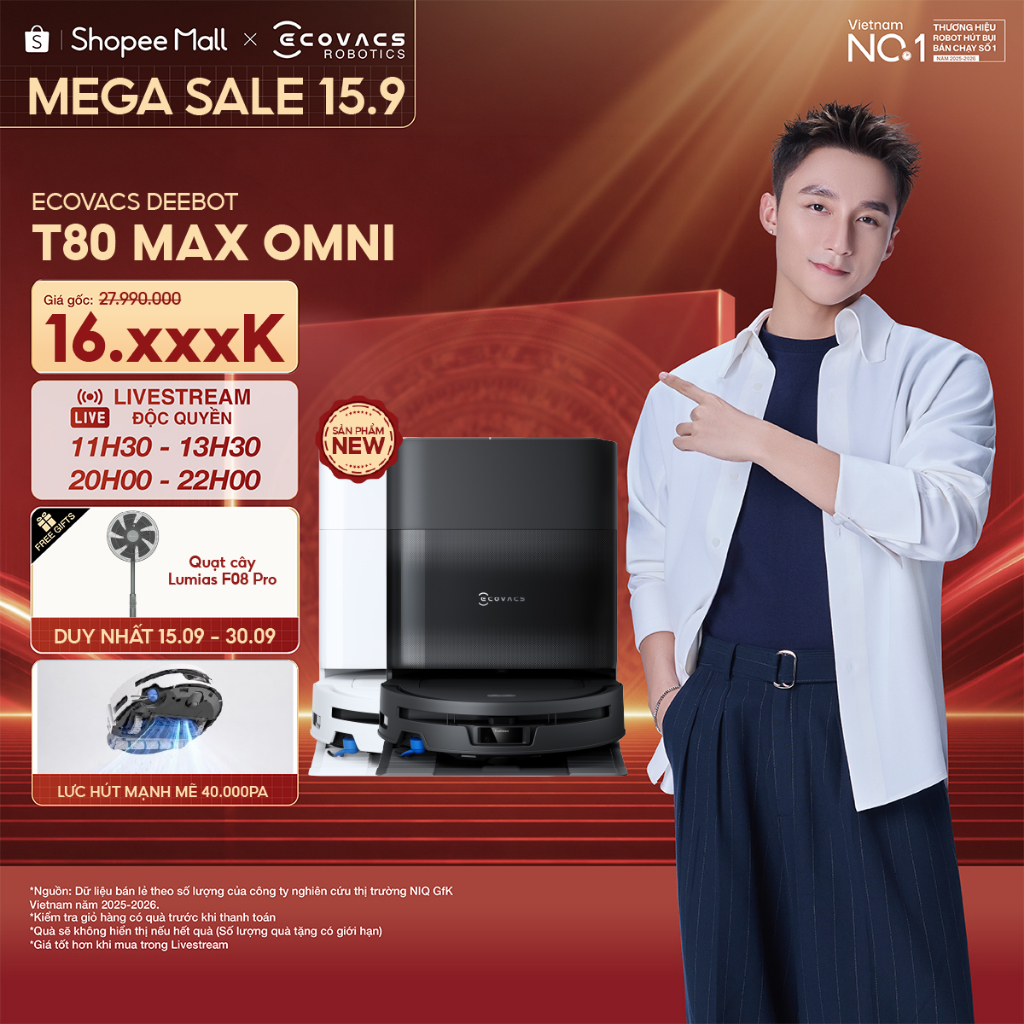 Ecovacs Deebot T80 Max Omni Robot hút bụi lau nhà | Lực hút 40000Pa | Chống rối ZeroTangle™ 4.0 | Shopee Việt Nam