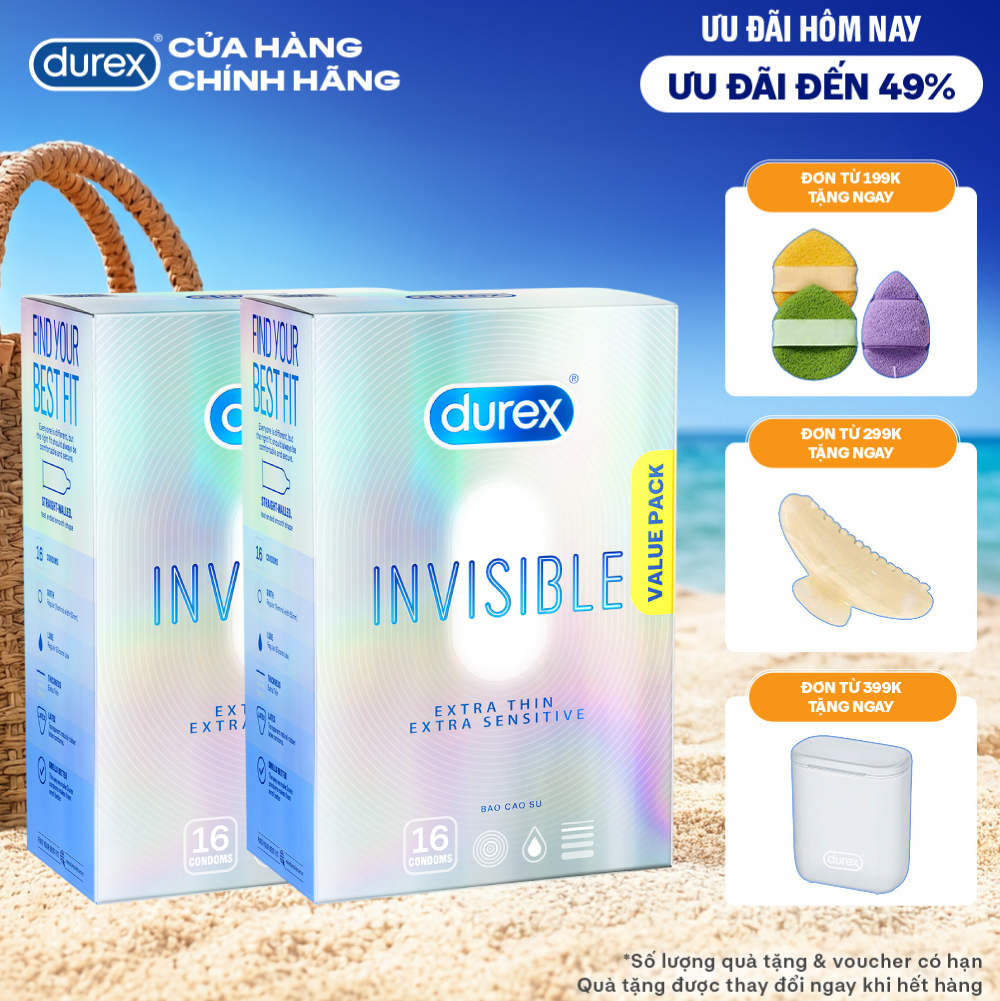 [15-17/09 | MUA 2 TẶNG NÓN] Combo 2 Bao Cao Su Durex Invisible Siêu Mỏng Size 52 mm Hộp 16 Bao Mới Ra Mắt - Hộp Lớn Siêu Tiết Kiệm
