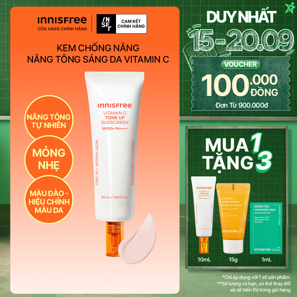 Kem chống nắng nâng tông INNISFREE VITAMIN C TONE UP SUNSCREEN SPF50+ PA++++