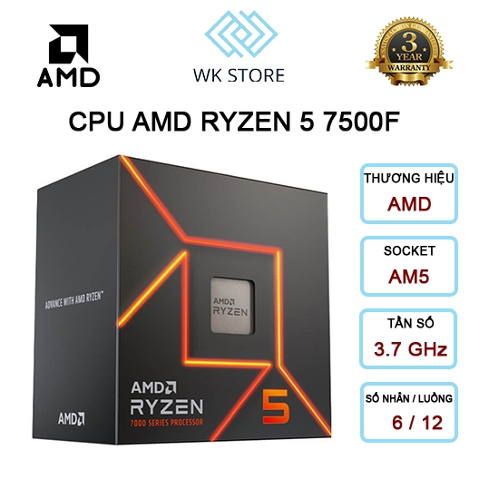 CPU AMD Ryzen 5 7500F | AM5 | 6 Nhân 12 Luồng | 3.7Ghz Turbo 5.0Ghz | 38MB | Box Bảo hành 36 Tháng | Shopee Việt Nam