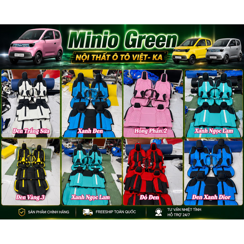 Áo ghế Minio Green đủ mẫu, may chuẩn fom xe, tặng kèm 2 gối tựa đầu cùng màu áo ghế.