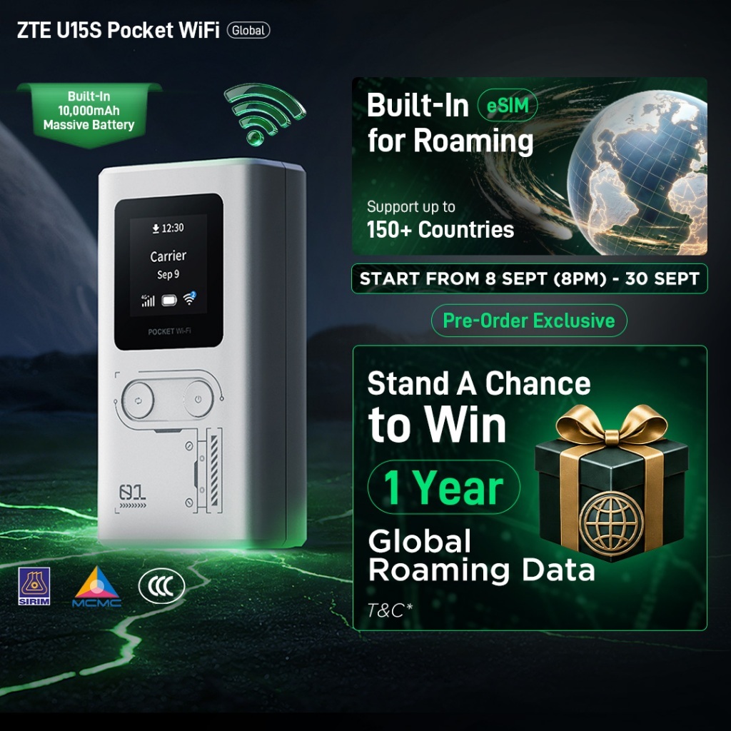 [NEW] ZTE U15S Pocket WiFi | 150+ Countries Global Roaming | Built-In 10000mAh Battery | Support Local Sim | Shopee Malaysia
