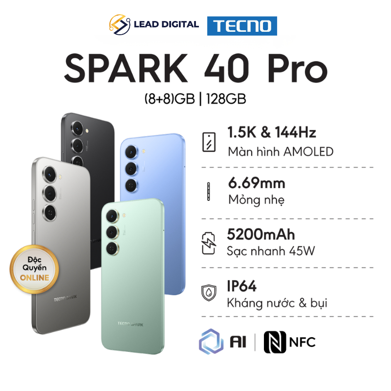 Điện thoại TECNO SPARK 40 PRO (8+8)GB/128GB Màn hình AMOLED 1.5K & 144Hz Mỏng 6.69mm 5200mAh sạc 45W | Shopee Việt Nam
