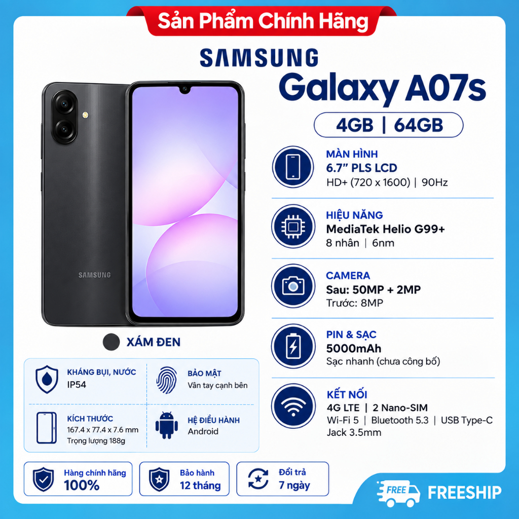 [Xuất HĐ] Điện thoại 2 sim Samsung Galaxy A07s 4GB/64GB chính hãng mới nhất 2026 bền, chụp ảnh đẹp | Shopee Việt Nam