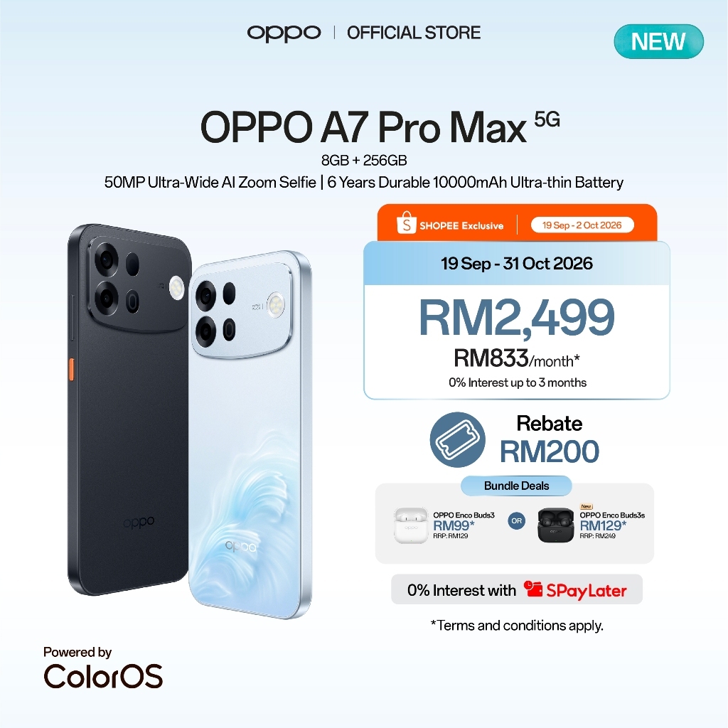 [NEW] [Shopee Exclusive] OPPO A7 Pro Max 5G Smartphone | 8GB + 256GB | 10000mAh | 50MP Ultra-Wide Al Zoom Selfie | Shopee Malaysia