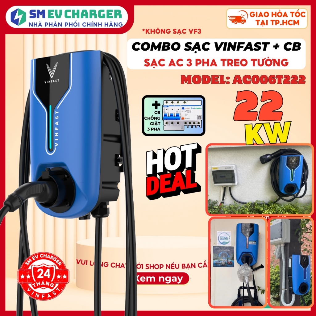 Bộ Sạc VINFAST 22 kW 3 Pha AC Treo Tường Sạc xe VF5 VF6 VF7 VF8 VF9 VFe34 Herio Green Nerio Green XanhSM