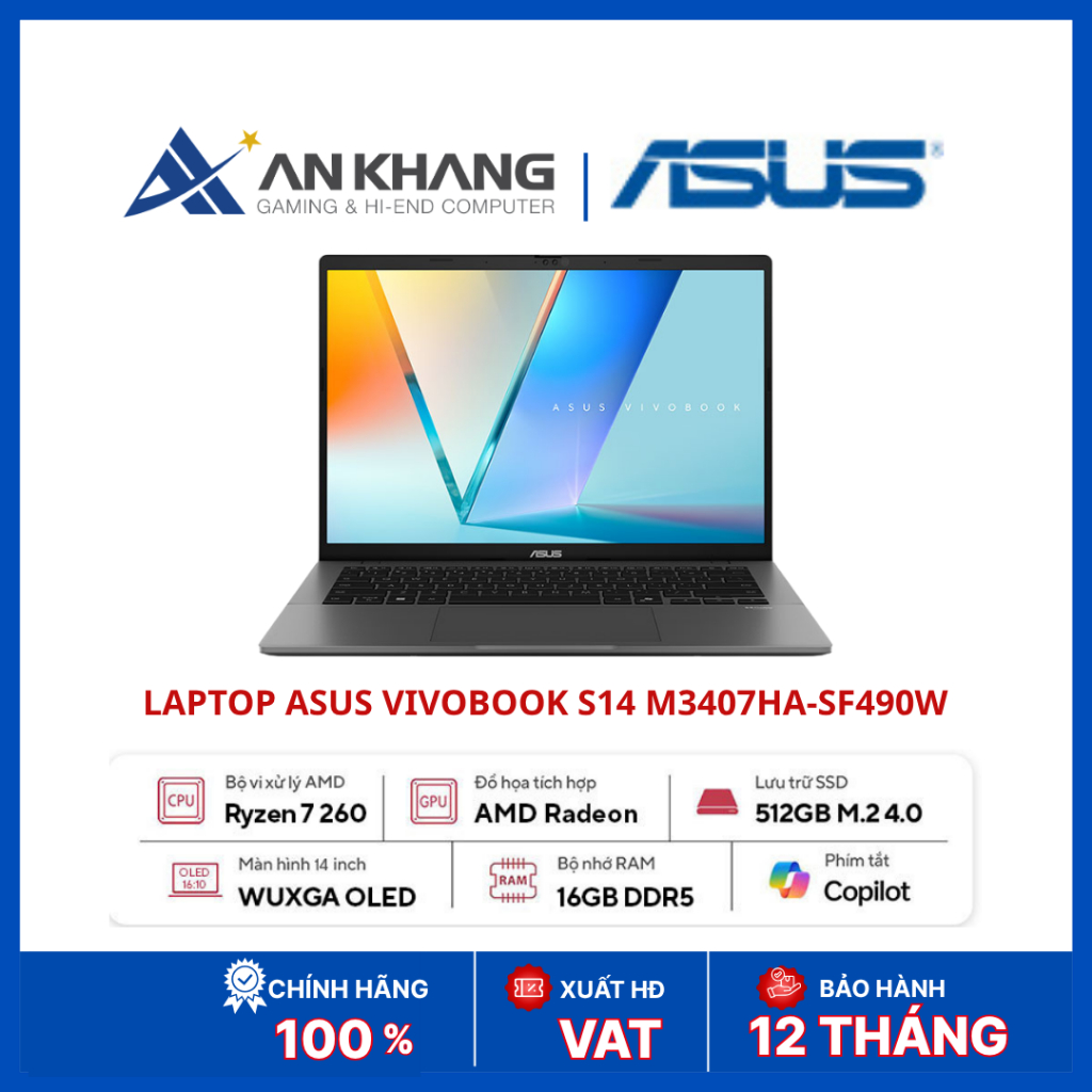 Laptop ASUS Vivobook S14 M3407HA-SF490W | Ryzen 7 260 | RAM 16GB | SSD 512GB | 14 inch WUXGA OLED | AI PC | Win 11 | Shopee Việt Nam