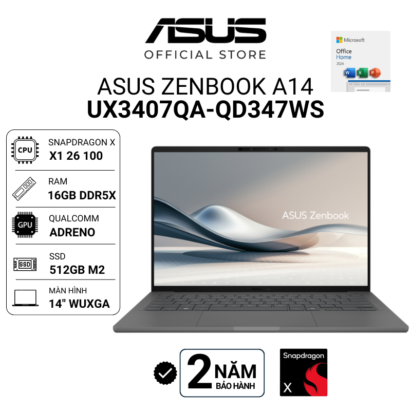 Laptop ASUS Zenbook A14 UX3407QA-QD347WS Snapdragon X1 26 100 | RAM 16GB | 512GB SSD | 14" OLED | Shopee Việt Nam