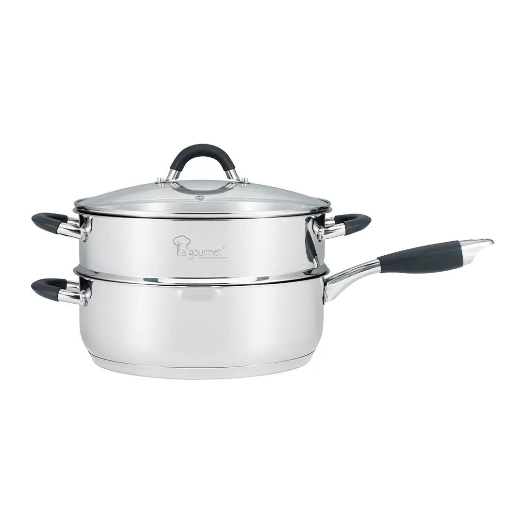 La gourmet Aura 28cm Deep Frypan with Steamer Insert – 18/10 Stainless Steel 5.2L