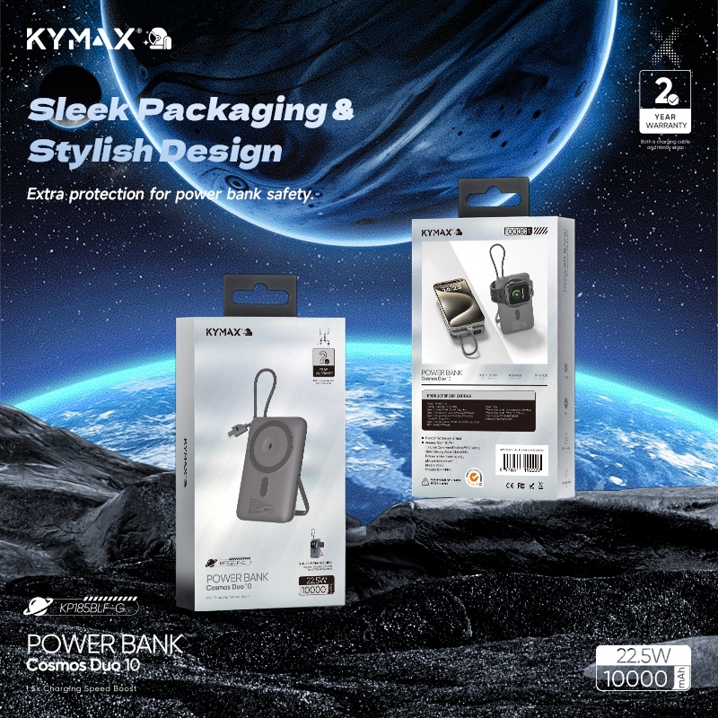 KYMAX Powerbank Cosmos Duo 10 | 10000mAh 3-dalam-1 Magnetik 15W + 22.5W Pengecasan Pantas | Shopee Malaysia