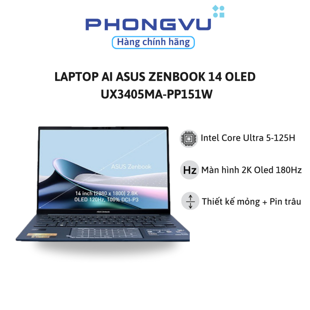 Laptop AI ASUS Zenbook 14 OLED UX3405MA-PP151W (Ultra 5-125H/RAM 16GB/Onboard/512GB SSD/Windows 11) - Bảo hành 24 tháng | Shopee Việt Nam