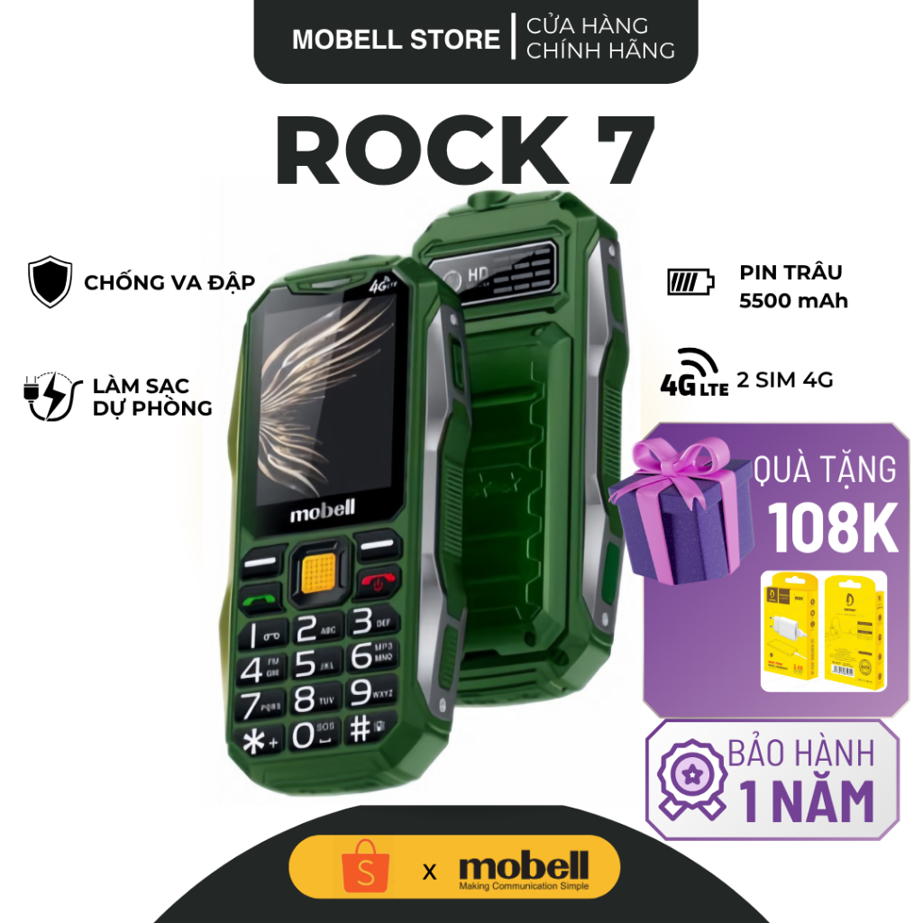 Điện Thoại 4G ROCK 7 Mobell Pin Trâu Chống Va Đập Siêu Bền Cho Người Già BH 1 Năm Freeship Toàn Quốc