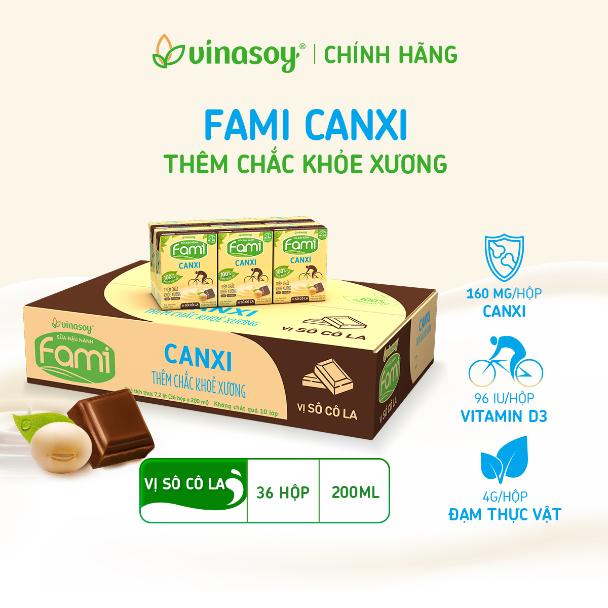Thùng sữa đậu nành Fami Canxi Vị sô cô la hộp (36 hộp x 200ml)