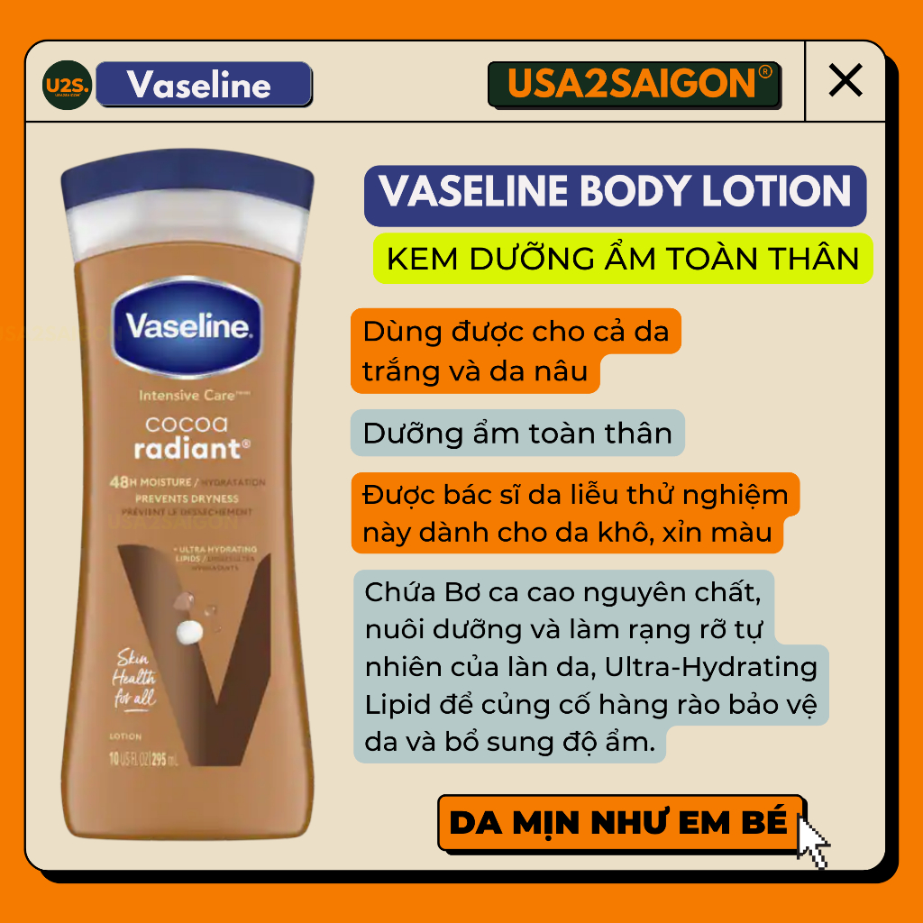Vaseline dưỡng ẩm toàn thân Vaseline Cocoa radiant body lotion 295ml | Shopee Việt Nam