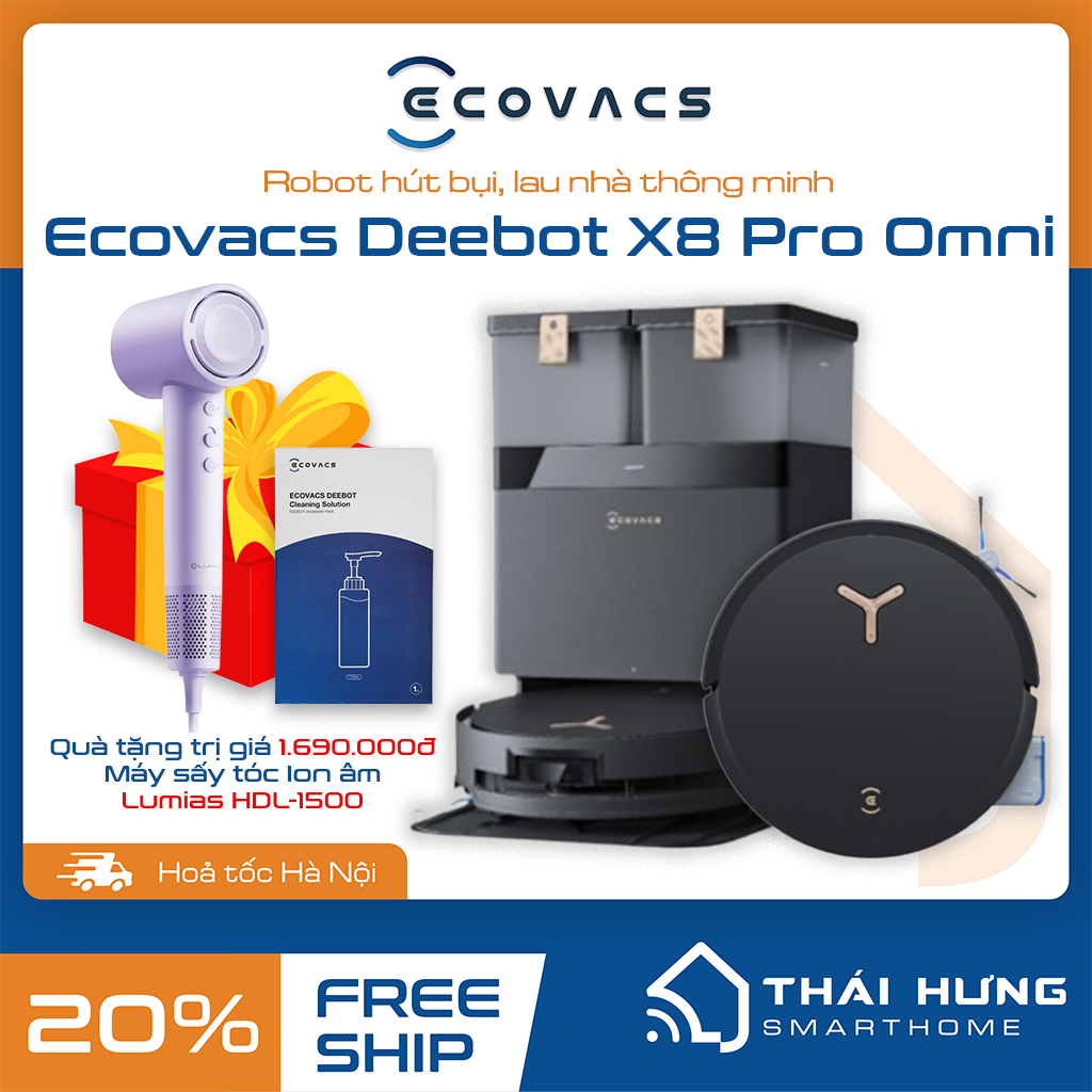 Robot hút bụi Ecovacs Deebot X8 Pro Omni, Bản Quốc Tế 2025, lực hút 18000Pa, Pin 6400mAh, trợ lý ảo Yiko | Shopee Việt Nam