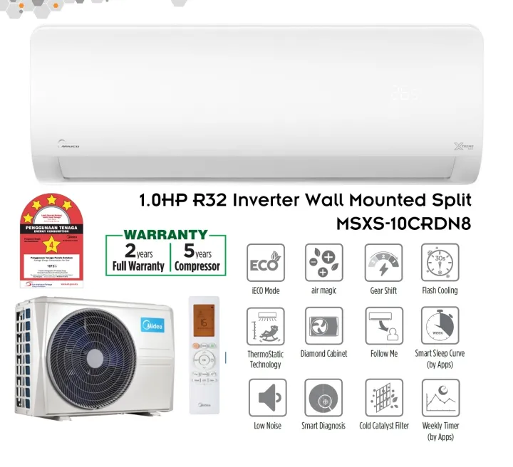 Midea Aircond 1HP Air Conditioner Xtreme SavE R32 Inverter Wall Mounted Split MSXS10CRND8/ MSXS-10CRND8 | Lazada Malaysia
