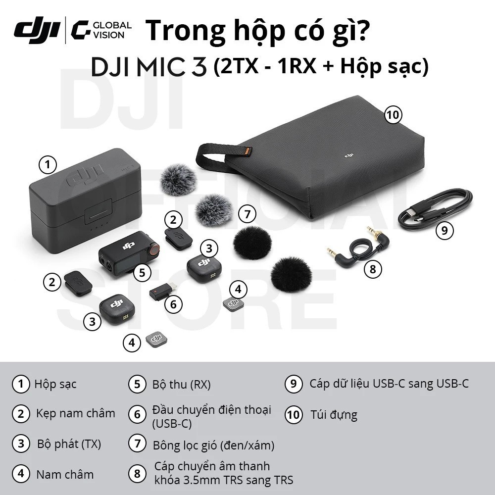 DJI Mic 3 - Bộ Micro Không Dây Nhỏ Gọn - Khử Ồn Thông Minh - Pin 28 Giờ - Sạc Nhanh 3C - AMOLED