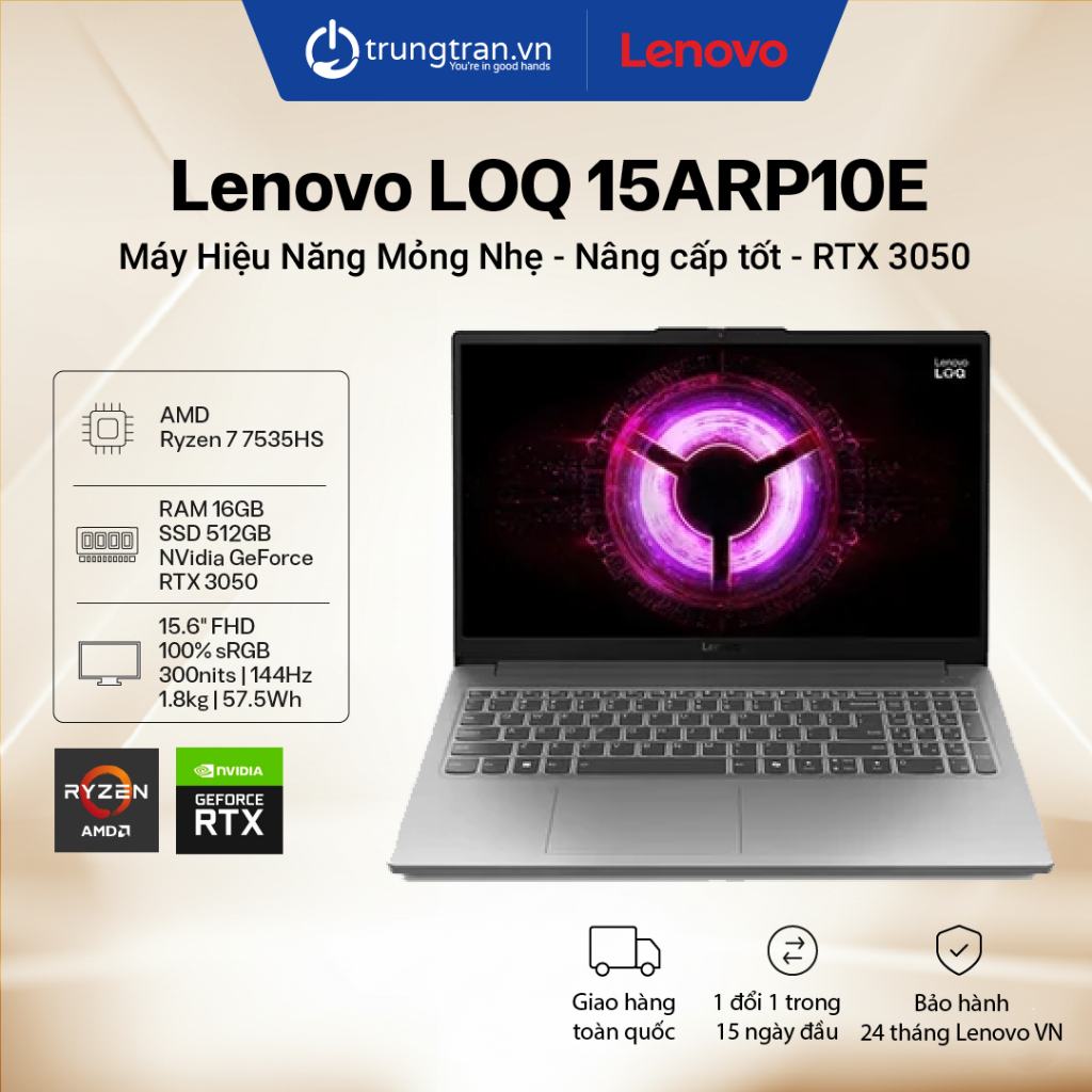 Lenovo LOQ Essential 15ARP10E 83S0000DVN | R5 7535HS | 16GB | 512GB | RTX 3050 | 15.6" FHD 144Hz | Shopee Việt Nam