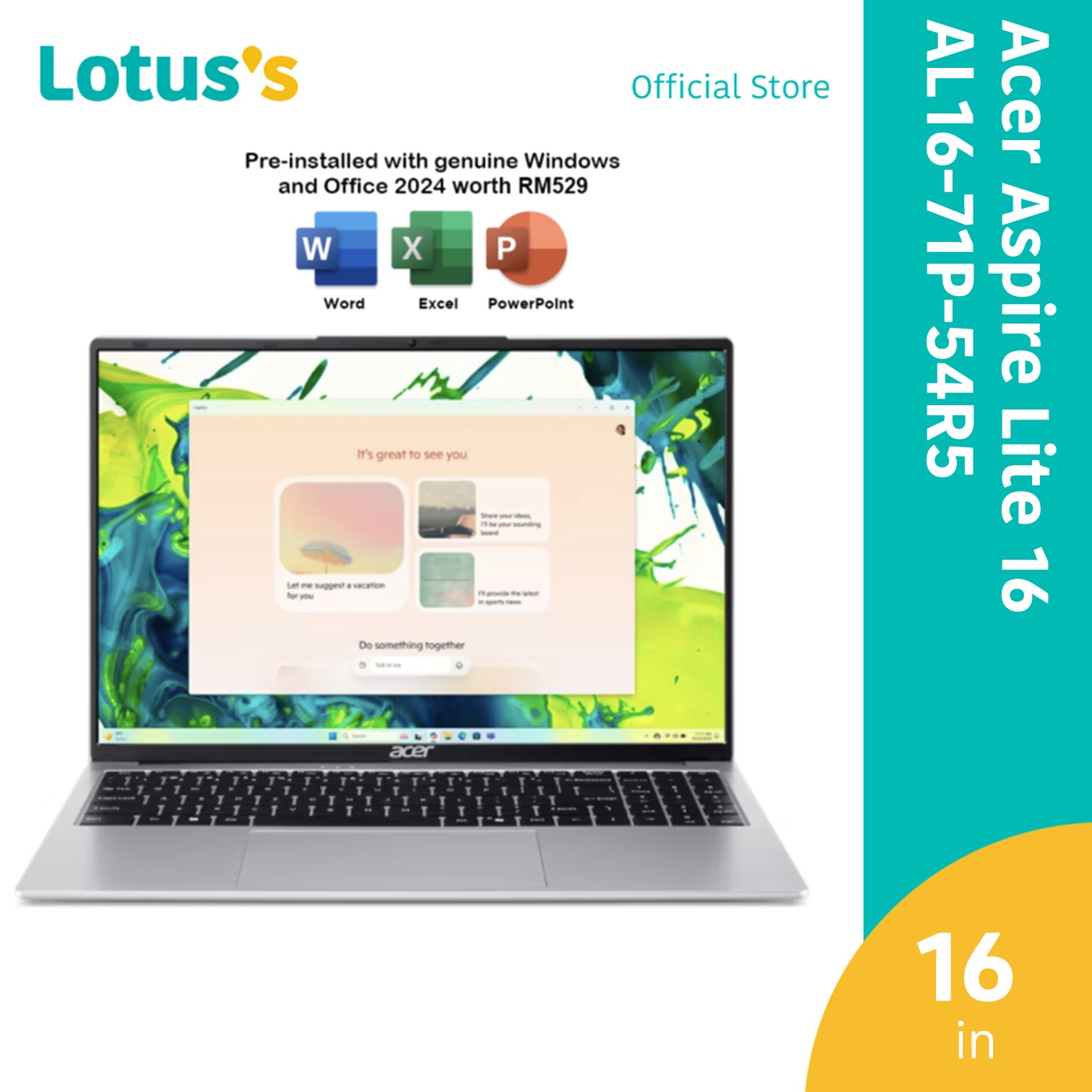Acer Aspire Lite 16 AL16-71P-54R5 16" FHD WUXGA Laptop Light Silver (CU5-125H16GB512GBW11H&S+M365) SN