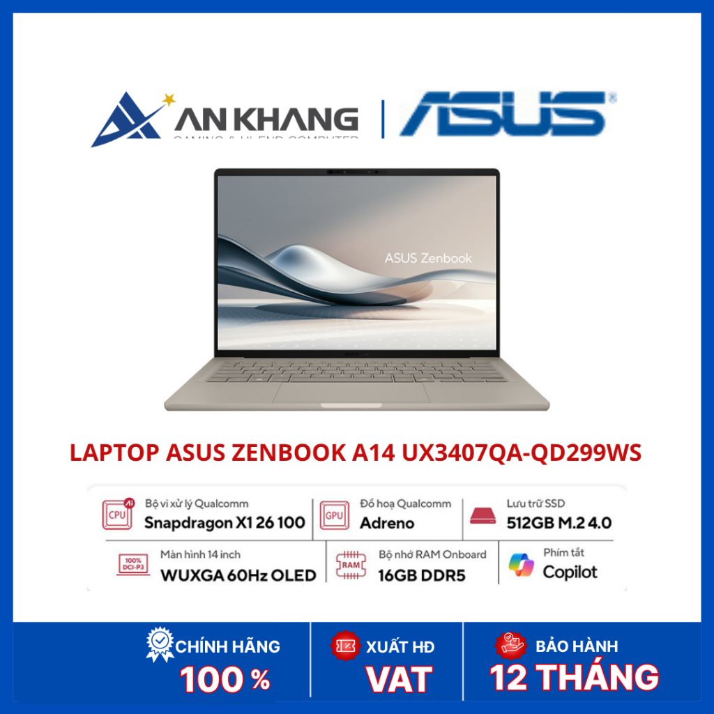 Laptop ASUS Zenbook A14 UX3407QA-QD299WS | Snapdragon X X1-26-100 | RAM 16GB | SSD 512GB NVMe | 14inch OLED WUXGA | | Shopee Việt Nam