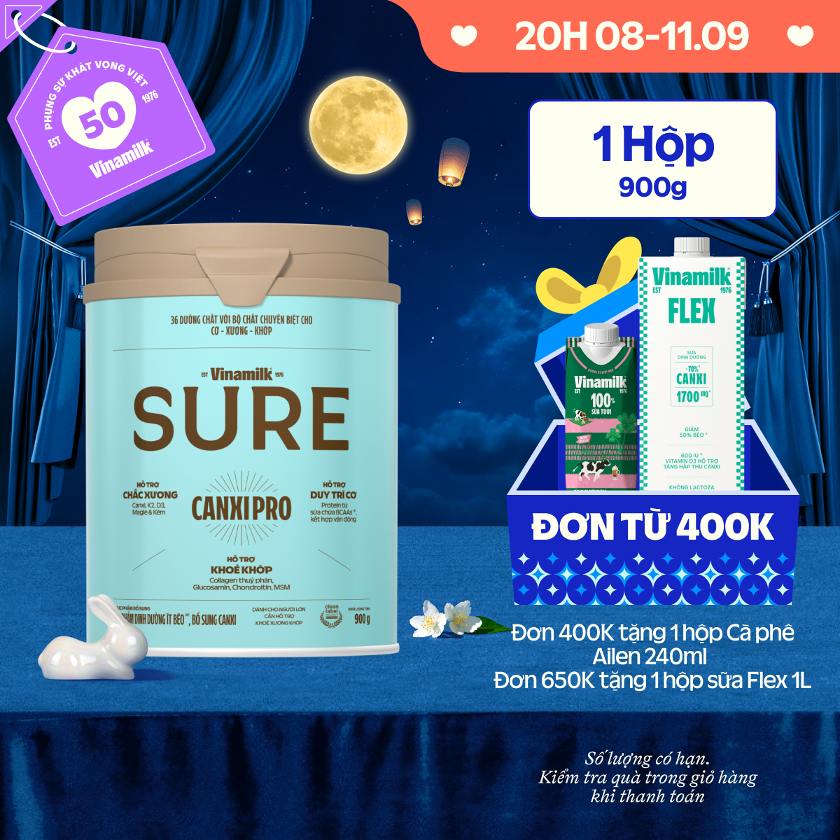 Sữa bột Vinamilk SURE CanxiPro 900g (Hộp thiếc) - Sữa bổ sung Canxi Tốt cho xương khớp