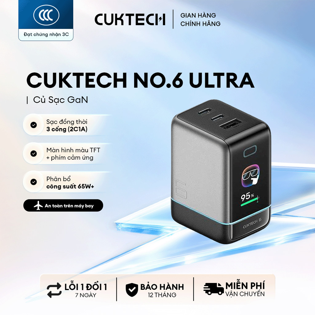 Củ sạc GaN Cuktech 6 Ultra 2C1A | Công suất 100W | Hỗ trợ sạc nhanh | Bảo hành 18 tháng AD653U