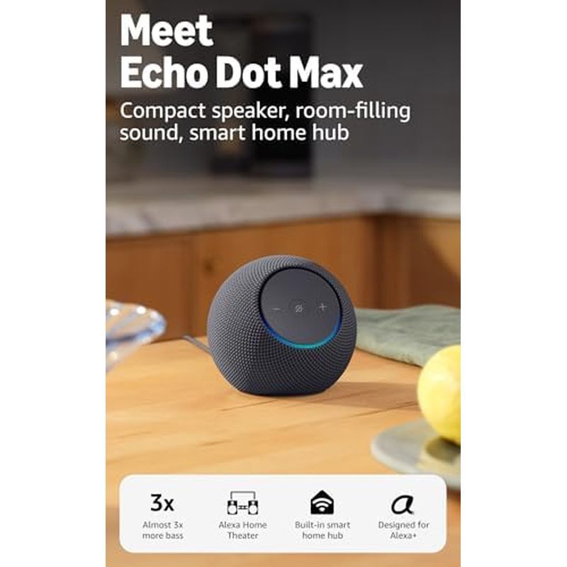 Amazon Echo Dot Max (mẫu mới nhất), loa Alexa có âm thanh lấp đầy phòng và âm trầm gần 3x, Tuyệt vời cho phòng khách và không gian cỡ vừa, Được thiết kế cho Alexa +, Thạch anh tím | Shopee Việt Nam