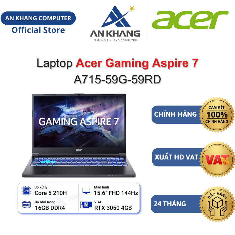 Laptop Acer Gaming Aspire 7 A715-59G-59RD (C5-210H/ 16GD4/ 512GSSD/ 4GD6_RTX3050/ 15.6FHD_144Hz/W11SL) Chính hãng BH 24T | Shopee Việt Nam