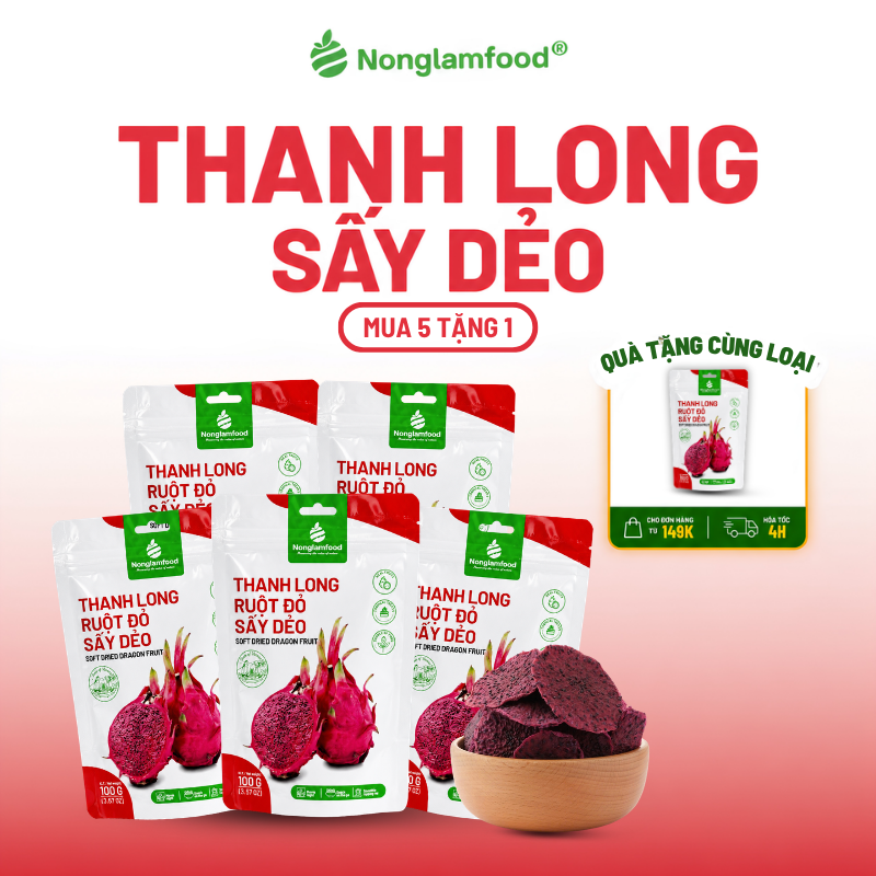 [5 Túi tặng 1] Combo 5 Túi Thanh Long Ruột Đỏ Sấy Dẻo Nonglamfood Hàng Loại 1 Chuẩn Xuất Khẩu Túi 100g