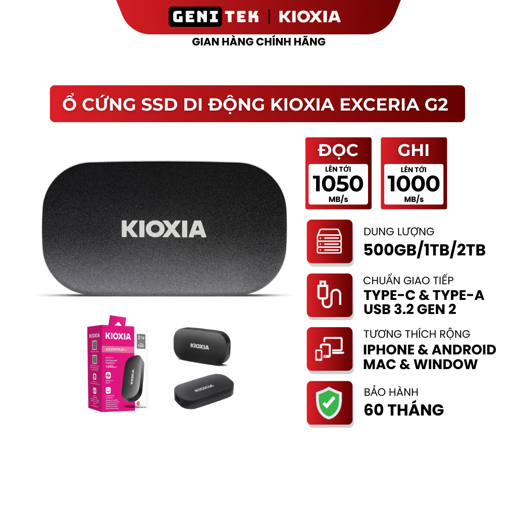 SSD Di Động KIOXIA Exceria Plus G2 500GB/1TB/2TB Nhỏ gọn - Đọc/Ghi 1050/1000MB/s - Chính hãng | Shopee Việt Nam