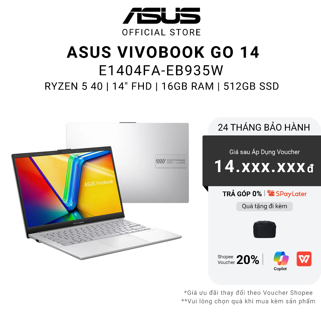 Laptop ASUS Vivobook Go 14 E1404FA-EB935W AMD Ryzen 5 40 | 14" FHD | 16GB | 512GB | Radeon Win11 Bạc | Shopee Việt Nam